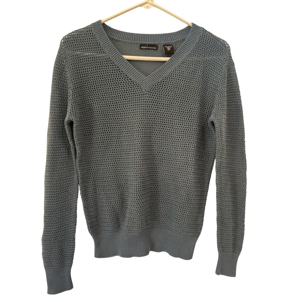 Vintage Y2K Moda International Blue Open Knit V Neck Sweater XS Coquette